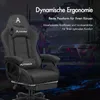 A gaming chair is shown in front of a futuristic, abstract background with text overlays describing its features. Produktbild-Vorschau