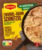 A package of Maggi Fix for Onion Cream Schnitzel, showing the product name, ingredients, and a prepared dish. Produktbild-Vorschau