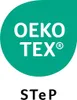 A green oval shape with white text that says OEKO-TEX and STeP. Produktbild-Vorschau