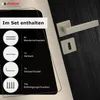 A door handle set and its included components are displayed against a dark wooden door background and a lighter gray surface. Produktbild-Vorschau