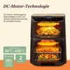 A marketing image of a black double-chamber air fryer with food cooking inside, accompanied by text highlighting its features. Produktbild-Vorschau