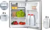 An open, empty mini-refrigerator with some food items inside. Voir les images du produit