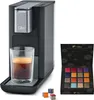 A Tchibo Qbo coffee machine with a glass of espresso and a box of coffee capsules. Produktbild-Vorschau
