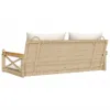 A rear view of a beige rattan hanging bench with white cushions, presented on a white background. Náhled obrázku produktu