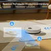 A robot vacuum cleaner is shown on a rug, with overlays highlighting its obstacle avoidance features. Produktbild-Vorschau