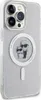 A close-up, angled view of the back of an iPhone 15 Pro Max with a transparent, glittery case. The case features a circular MagSafe ring with the Karl Lagerfeld logo and cartoon figures of Karl Lagerfeld and his cat, Choupette, inside. Anteprima dell’immagine prodotto