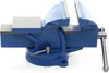 A blue metal vise with a silver handle and jaw inserts, shown on a white background. Náhled obrázku produktu