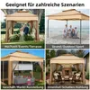 Collage of four images showing a pop-up gazebo in different settings: a wedding, a beach, a market stall, and a patio with a fireplace. Podgląd zdjęcia produktu