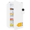 A white Bomann refrigerator with its door open, showing food items inside and an energy efficiency label on the door. Produktbild-Vorschau