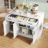 A kitchen island with marble-look countertop and white cabinets, stocked with various kitchen items. Voir les images du produit