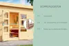 A wooden garden shed with double doors, featuring a detailed close-up of the door handle and lock mechanism, along with descriptive text about the product's features. Produktbild-Vorschau