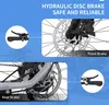 Collage of close-up images showing the front and rear hydraulic disc brakes of an e-bike, with accompanying text highlighting the features. Produktbild-Vorschau