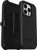 A black OtterBox Defender case for an iPhone 15 Pro, shown with a detachable belt clip holster. Produktbild-Vorschau