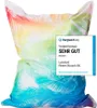 A large beanbag chair with a tropical palm print in rainbow colors, featuring a review badge from Vergleich.org. Voir les images du produit