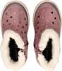 A top-down view of a pair of pink children's boots with silver heart patterns and cream-colored faux fur trim. Produktbild-Vorschau