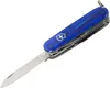 A blue transparent Swiss Army knife with the blade extended, shown against a white background. Produktbild-Vorschau