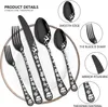A set of black stainless steel cutlery with Christmas-themed white etchings, displayed on a white plate with a brown rim. Text overlays highlight product features. Podgląd zdjęcia produktu