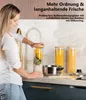 A woman is putting pasta into a glass storage jar on a kitchen counter. Other jars of pasta and a pot are also visible. Voir les images du produit