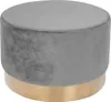A round, gray velvet ottoman with a gold base. Produktbild-Vorschau