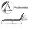 A diagram showing a foldable sun lounger with a close-up of the adjustable backrest mechanism and text highlighting its features. Produktbild-Vorschau