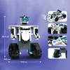 A collage of images showing a building block robot and its components, with dimensions indicated. Náhled obrázku produktu