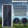 A solar panel is shown in a rainy outdoor environment, with text highlighting its waterproof features. Produktbild-Vorschau