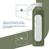 A green glass water bottle with white markings and a white lid, shown with illustrative graphics indicating water intake goals. Produktbild-Vorschau