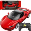 A red Rastar Ferrari 296 GTS remote-controlled car is shown with its remote control and packaging. Produktbild-Vorschau
