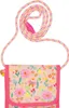 A small, pink floral-patterned wallet with a colorful braided cord and a pink clasp. Produktbild-Vorschau