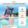 A hand holding a waterproof phone case with a phone inside, partially submerged in water, with a tropical background. Produktbild-Vorschau