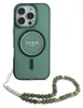 A green glitter phone case with a pearl strap is displayed against a white background. Produktbild-Vorschau