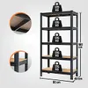 A black metal shelving unit with wooden shelves, shown with weight icons indicating load capacity. Dimensions are provided. Náhľad obrázku produktu