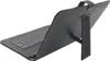 A black tablet case with an integrated keyboard is shown from the back, propped up by a stand. Produktbild-Vorschau