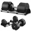 A set of adjustable dumbbells on a stand and a single dumbbell. Produktbild-Vorschau