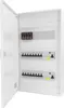 An open electrical distribution box with circuit breakers and other components inside. Produktbild-Vorschau
