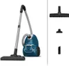 A blue and gray cylinder vacuum cleaner with its attachments displayed to the right. Náhled obrázku produktu