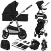 A collage of a black and silver 3-in-1 stroller system with various attachments and configurations. Produktbild-Vorschau