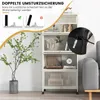 A white multi-shelf cabinet with various items on display, including a plant, decorative items, a record player, and a clock. A close-up inset shows a safety strap attached to the cabinet. Anteprima dell’immagine prodotto