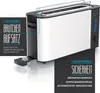 A close-up marketing image of a white and black Arendo toaster with blue buttons, featuring text overlays highlighting its features. Produktbild-Vorschau