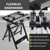 A collage of images showcasing a folding workbench and its clamping features. Produktbild-Vorschau