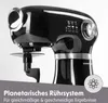 A black kitchen mixer with text and icons overlayed on a white and gray background. Produktbild-Vorschau