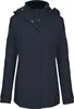 A studio shot of a navy blue parka jacket.