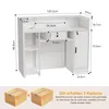 A diagram of a white reception desk with dimensions indicated by lines and numbers. Below the desk are two cardboard boxes. Produktbild-Vorschau