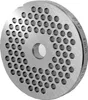 A close-up, studio shot of a metal grinder plate with many holes. Produktbild-Vorschau
