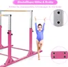 A young girl in a blue leotard is posing next to a pink gymnastics bar. Close-up insets show details of the bar's construction. Anteprima dell’immagine prodotto