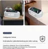 Collage showing a digital alarm clock with wireless charging on a nightstand and a shelf. Produktbild-Vorschau