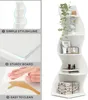 A white corner shelf with decorative items and text overlays highlighting product features. Podgląd zdjęcia produktu
