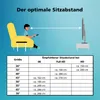 An illustration showing a person sitting in a chair and looking at a TV, with a table below the TV. A chart below provides recommended viewing distances for different TV sizes and resolutions. Produktbild-Vorschau