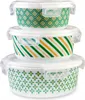 Three round glass food containers with patterned designs and clear lids are stacked on top of each other. Produktbild-Vorschau