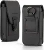 Two black leather phone holsters are shown against a white background. One holster is shown from the front with its flap closed, and the other is shown from the back with a belt loop and a ring attachment. Náhled obrázku produktu